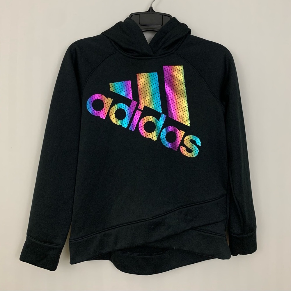 Black Adidas Pullover Hooded Sweatshirt with rainbow shimmer logo size 12/14